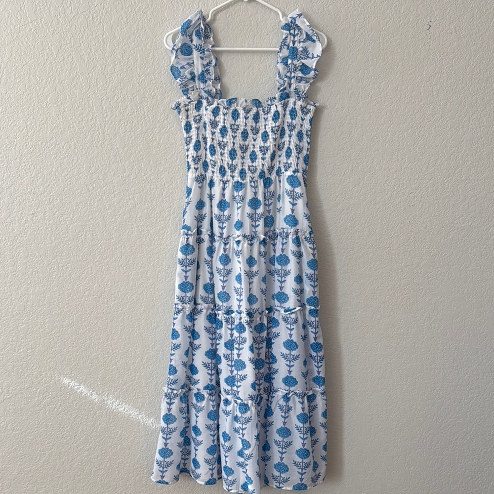 J Marie Floral Smocked Maxi Dress - Blue and White